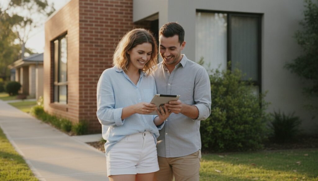 Young Australian couple outside their suburban home reviewing home loan details on a tablet