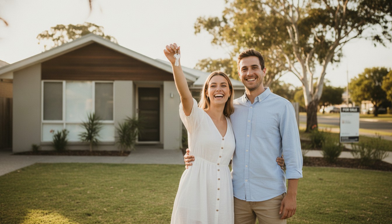 Happy first home buyer couple holding house keys in front of their new Sydney home