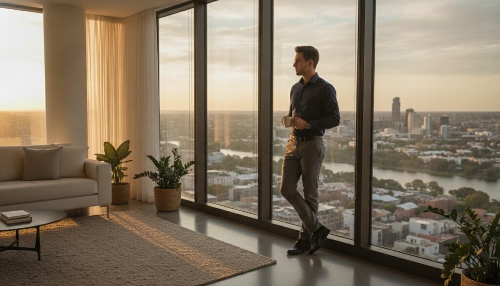 Young professional in a modern apartment looking out over an Australian city skyline